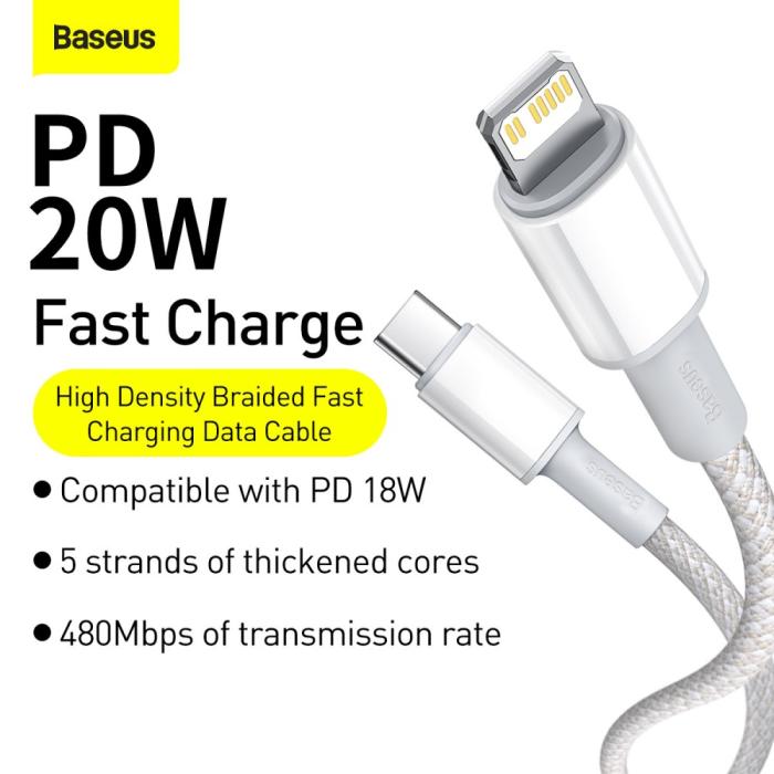 Bild 3, BASEUS 1m 20W PD Type-C - Lightning Flätad Nylon Kabel - Vit