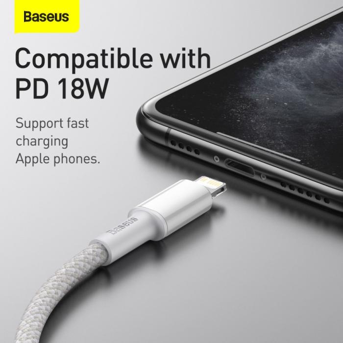 Bild 4, BASEUS 1m 20W PD Type-C - Lightning Flätad Nylon Kabel - Vit