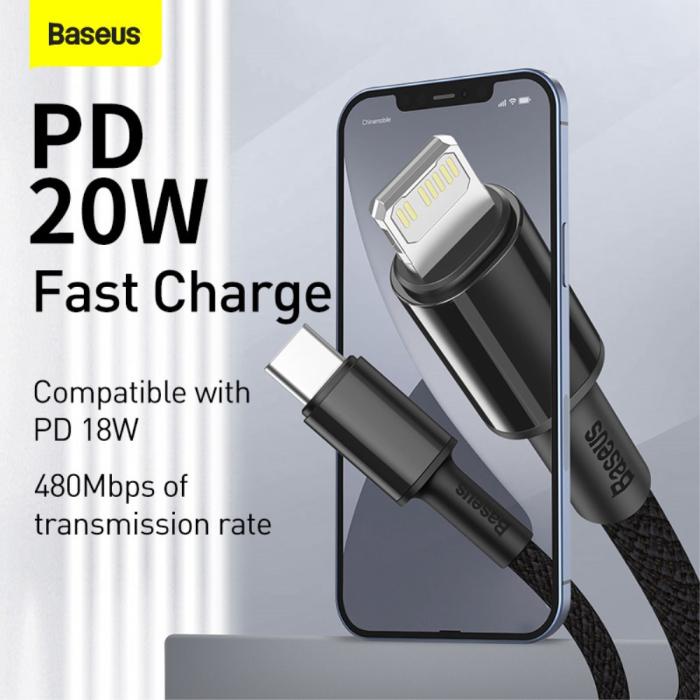 Bild 2, BASEUS 2m 20W PD Type-C - Lightning Flätad Nylon Kabel - Svart