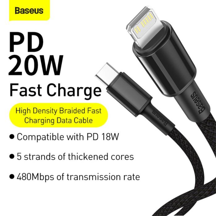 Bild 3, BASEUS 2m 20W PD Type-C - Lightning Flätad Nylon Kabel - Svart