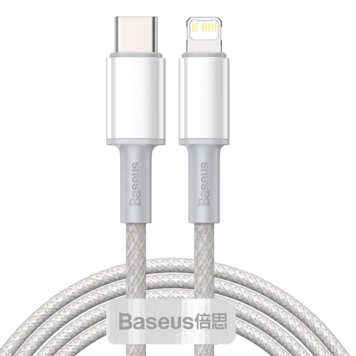 Bild 1, BASEUS 2m 20W PD Type-C - Lightning Flätad Nylon Kabel - Vit