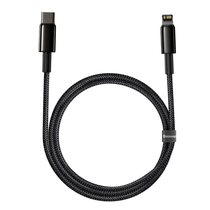 Bild 1, Baseus Tungsten 1m 20W PD USB-C - Lightning Flätad Nylon Kabel - Svart