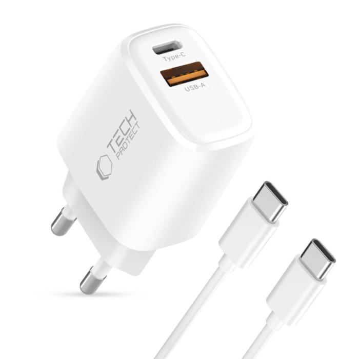 Bild 2, Tech-Protect 20W Väggladdare PD Inkl. USB-C - USB-C Kabel Vit