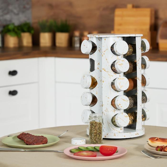 Bild 3, Roterande kryddställ med 20 glasburkar - Vit Marmor