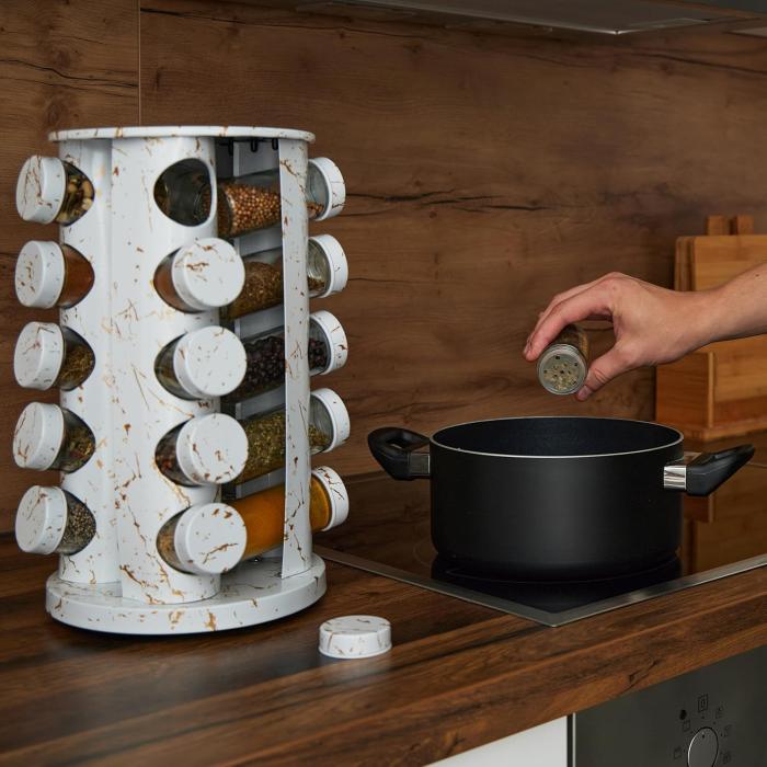 Bild 4, Roterande kryddställ med 20 glasburkar - Vit Marmor