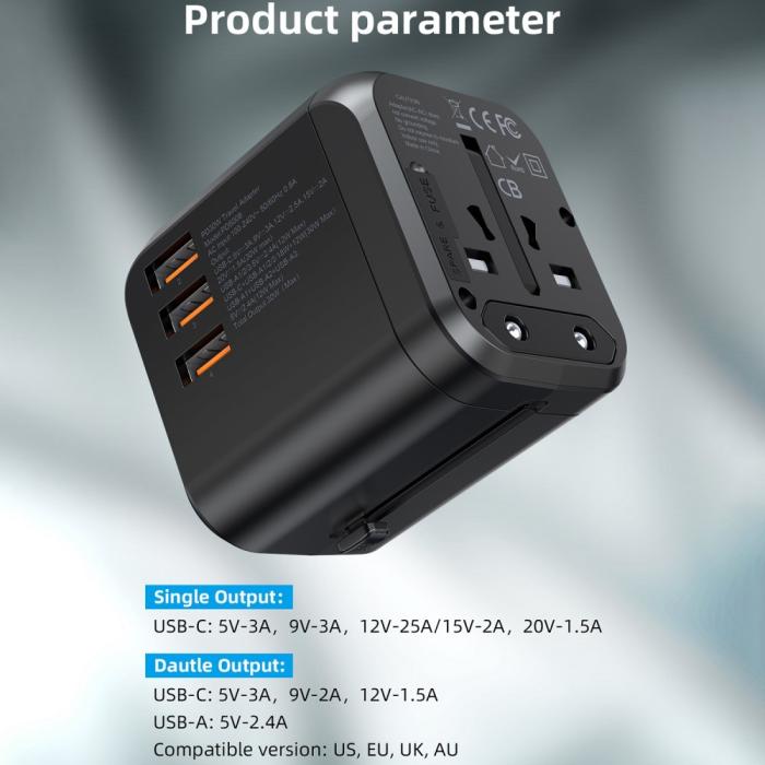 Bild 4, Choetech 35W PD Reseadapter 3x USB-A 1x USB-C Svart