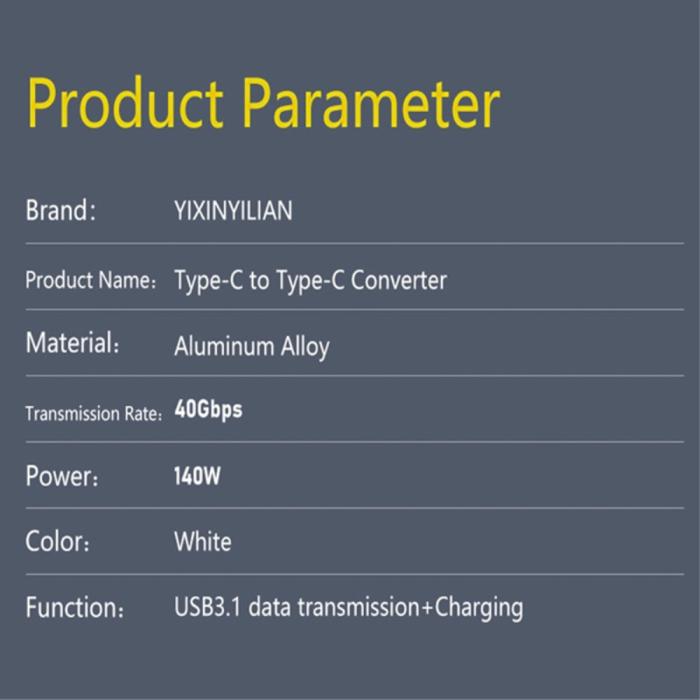 Bild 3, 140W USB 3.1 USB-C Hane till USB-C Hane Adapter 8K 40Gbps Vit