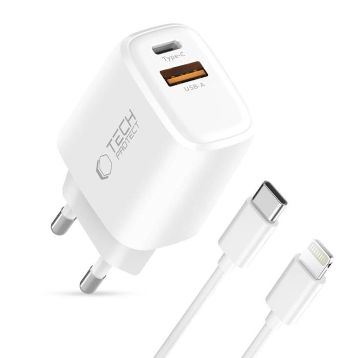 Bild 2, Tech-Protect 20W Väggladdare PD Inkl. Lightning - USB-C Kabel Vit