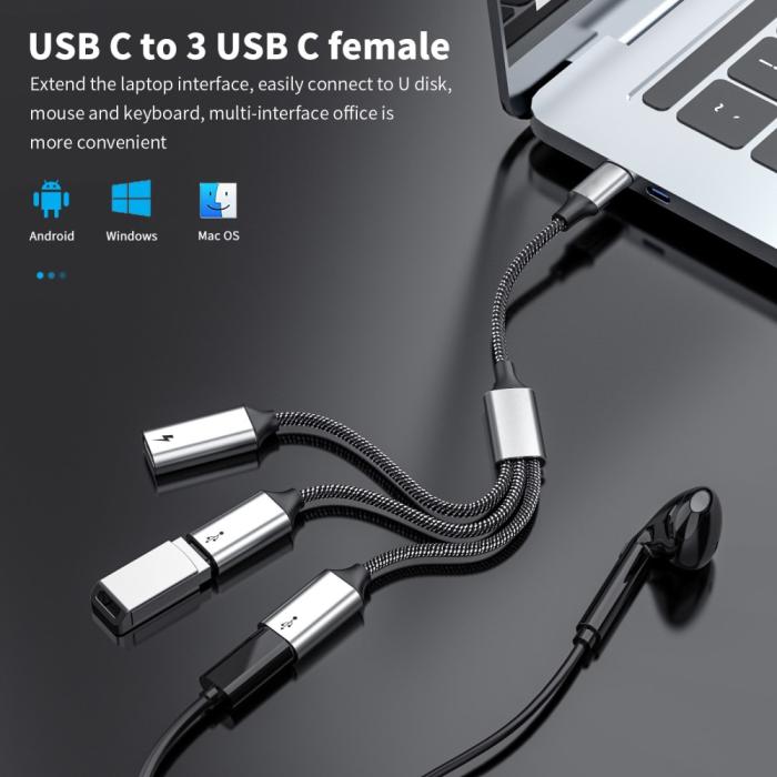 Bild 2, 3in1 60W USB-C - 3x USB-C Hona Adapter Silver