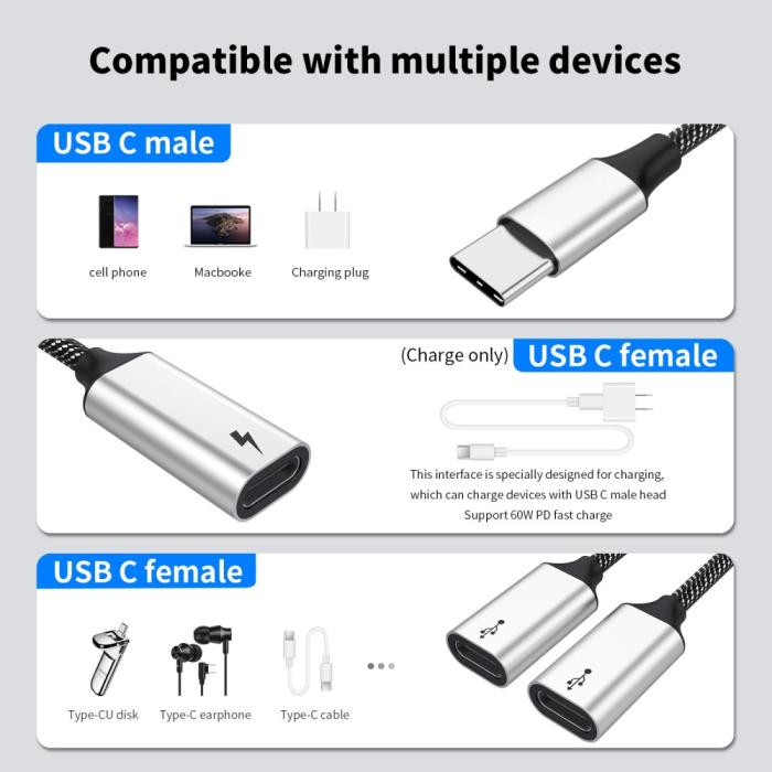 Bild 3, 3in1 60W USB-C - 3x USB-C Hona Adapter Silver