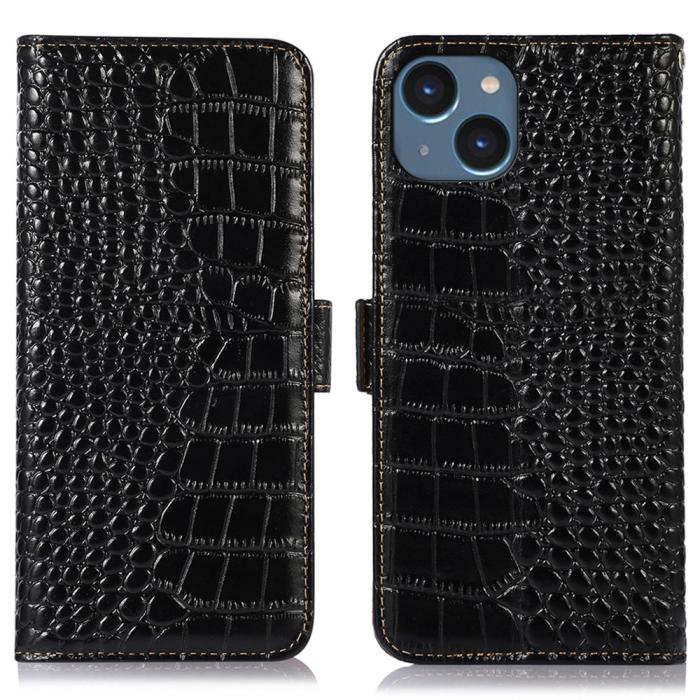 Bild 1, iPhone 15 Fodral RFID Äkta Läder Krokodil Textur S