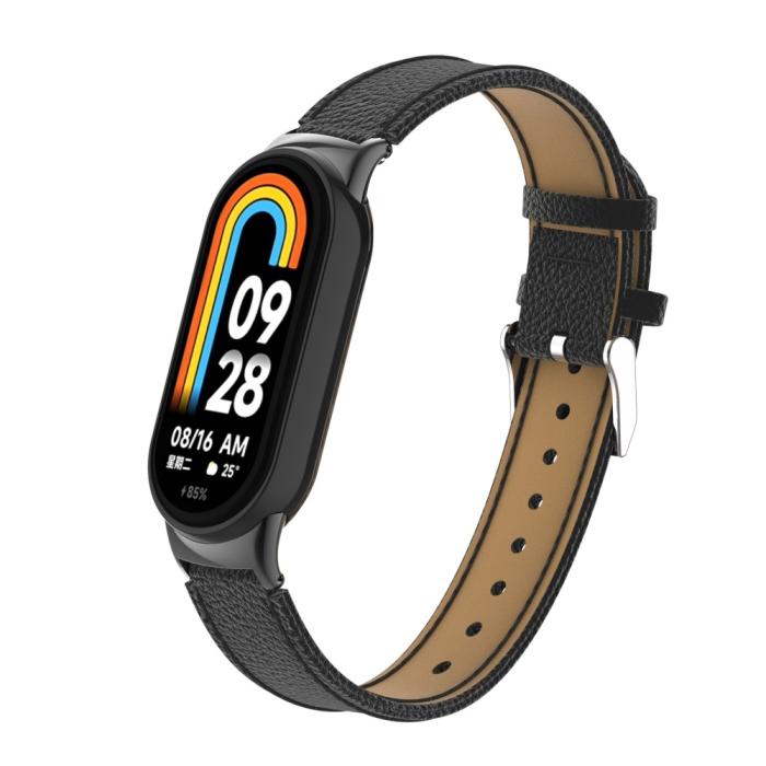 Bild 3, Xiaomi Smart Band 9/8 Armband Äkta Läder Litchi Svart