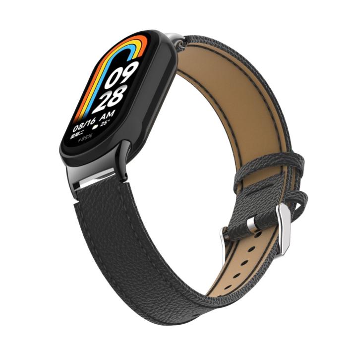 Bild 4, Xiaomi Smart Band 9/8 Armband Äkta Läder Litchi Svart