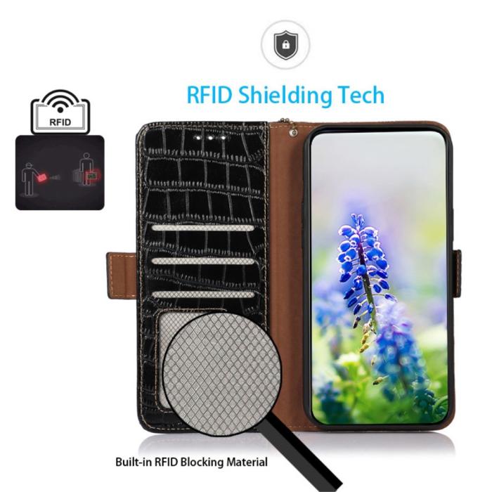 Bild 4, iPhone 15 Fodral RFID Äkta Läder Krokodil Textur S