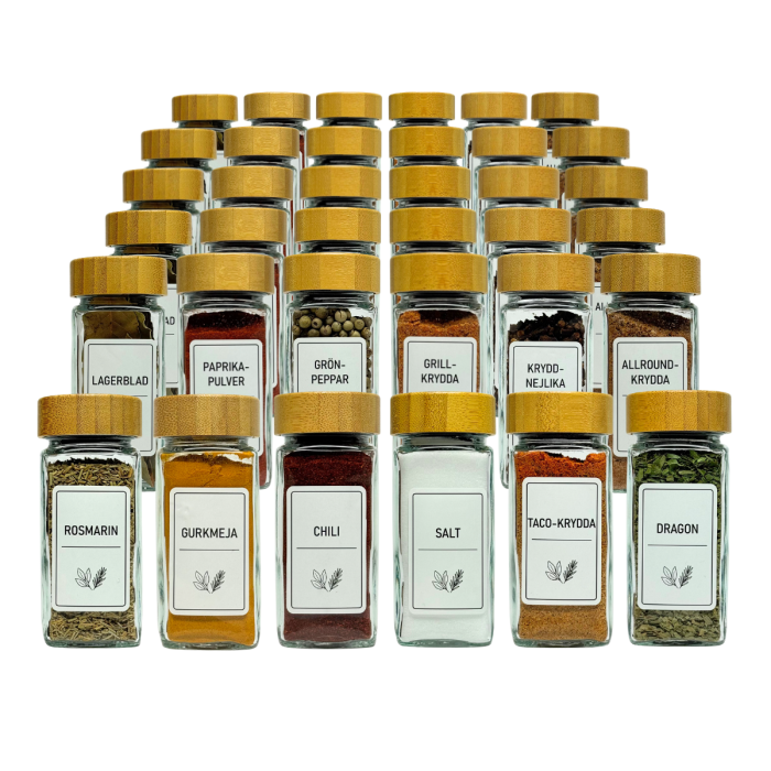 Bild 1, 36-Pack Kryddburkar med Bambulock – Kryddset med Svenska etiketter