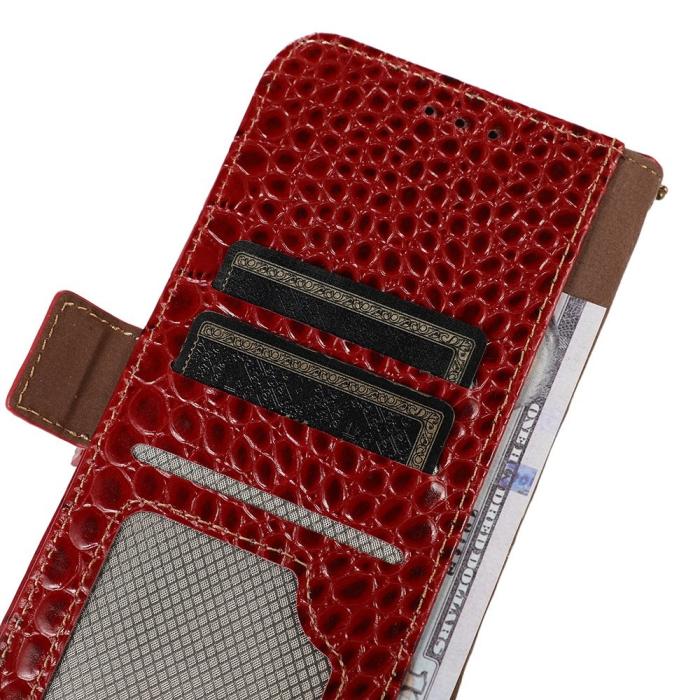 Bild 6, iPhone 15 Fodral RFID Äkta Läder Krokodil Textur Röd