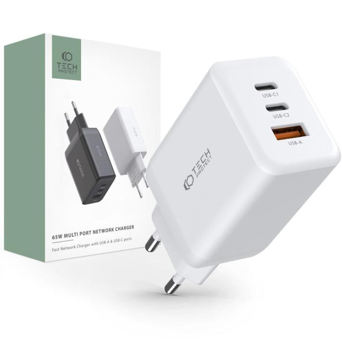 Bild 1, Tech-Protect 65W PD/QC Väggladdare 2x USB-C 1x USB-A Vit