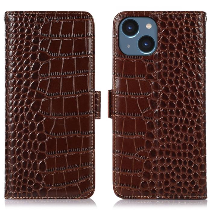 Bild 1, iPhone 15 Fodral RFID Äkta Läder Krokodil Textur Brun