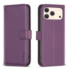 BINFEN iPhone 17 Pro Fodral L&auml;der M&ouml;rk Lila