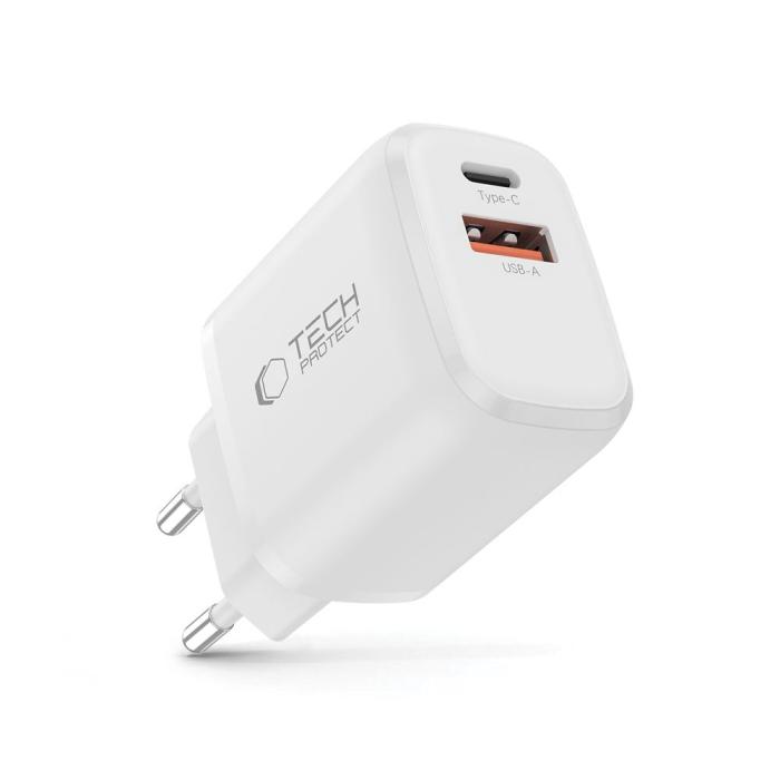 Bild 2, Tech-Protect 30W Väggladdare PD QC3.0 USB-C / USB-A Vit