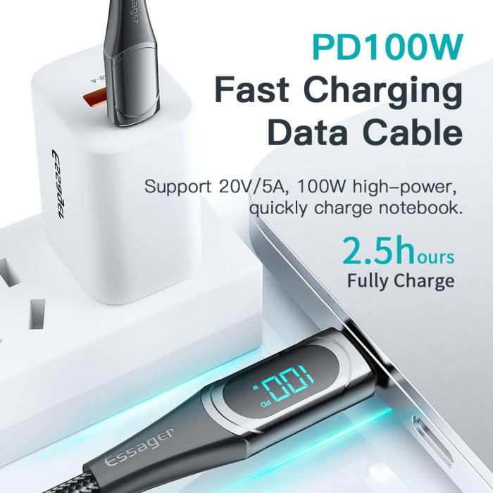 Bild 3, ESSAGER 1m 100W USB-C - USB-C LED Snabbladdning Blå