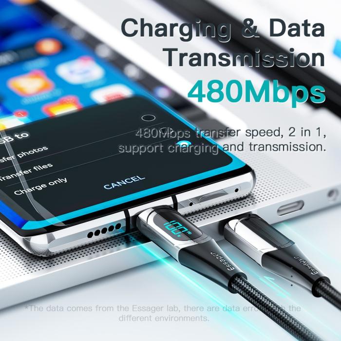 Bild 4, ESSAGER 1m 100W USB-C - USB-C LED Snabbladdning Blå