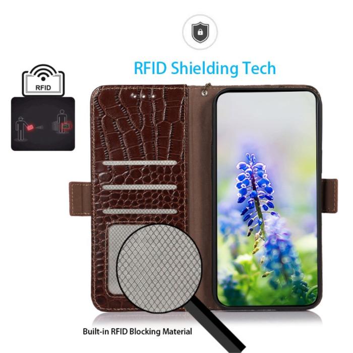 Bild 4, iPhone 15 Fodral RFID Äkta Läder Krokodil Textur Brun