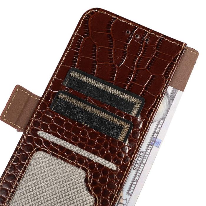 Bild 6, iPhone 15 Fodral RFID Äkta Läder Krokodil Textur Brun