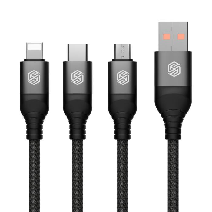 Bild 1, NILLKIN 4.4A 3in1 Lightning/USB-C/MicroUSB Laddningskabel Nylon Svart