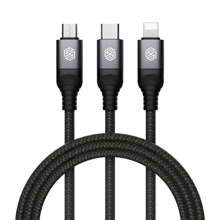 Bild 2, NILLKIN 4.4A 3in1 Lightning/USB-C/MicroUSB Laddningskabel Nylon Svart