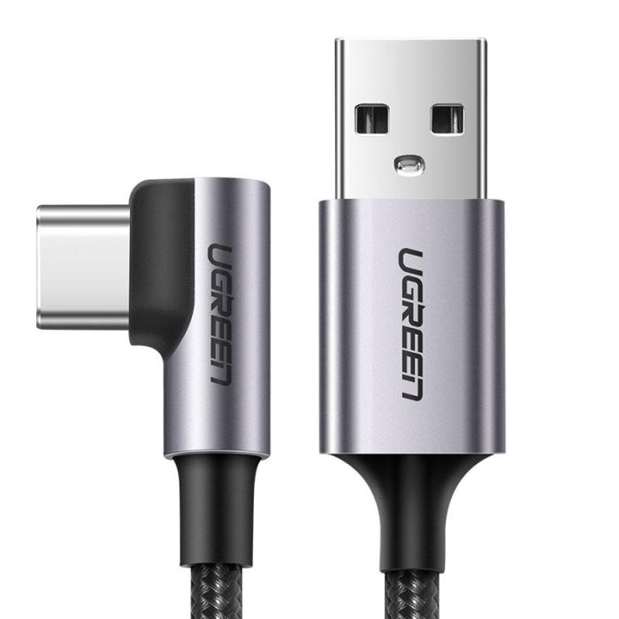 Bild 1, Ugreen 2m 3A Elbow USB-C Flätad Nylonkabel - Grå