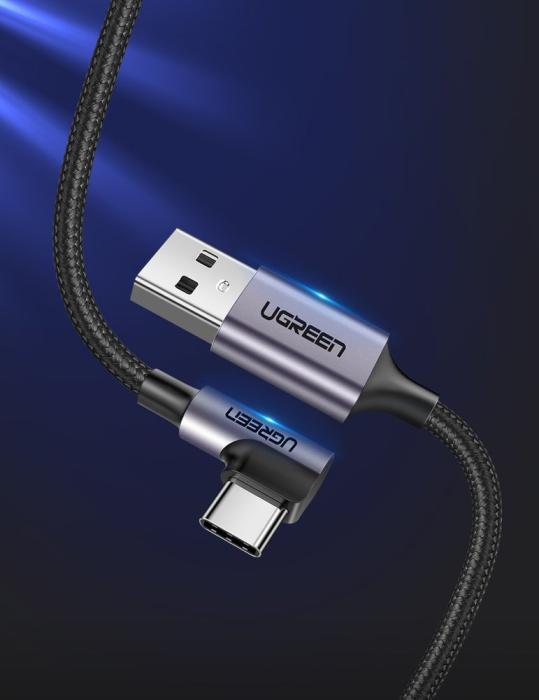 Bild 2, Ugreen 2m 3A Elbow USB-C Flätad Nylonkabel - Grå