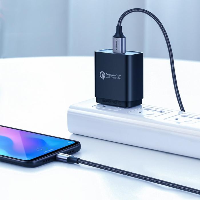 Bild 2, Ugreen 3A 2m QC3.0 USB-C Flätad Nylonkabel - Grå