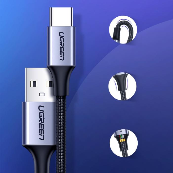 Bild 3, Ugreen 3A 2m QC3.0 USB-C Flätad Nylonkabel - Grå