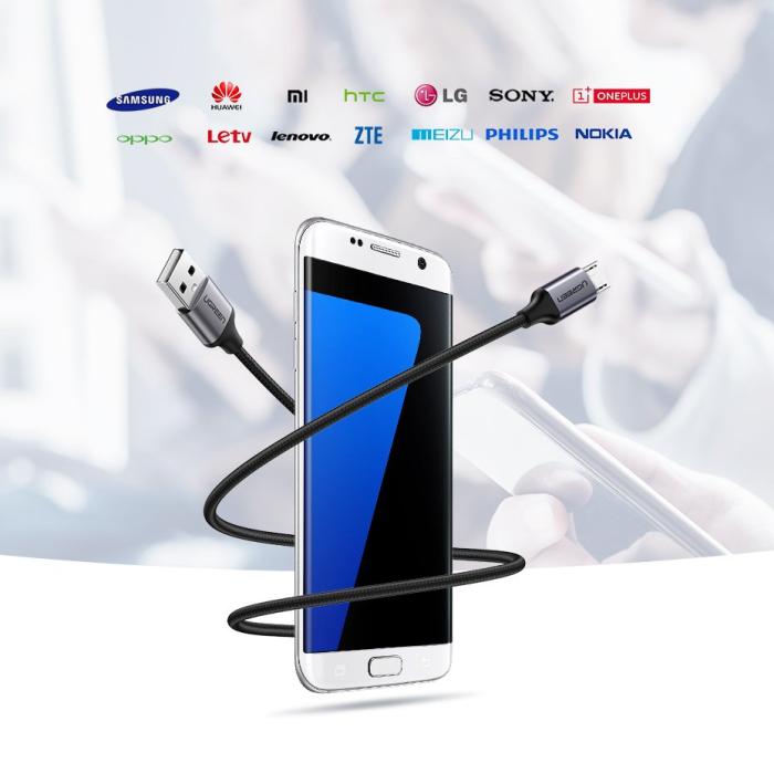 Bild 5, Ugreen 2m Micro USB Flätad Nylonkabel - Grå