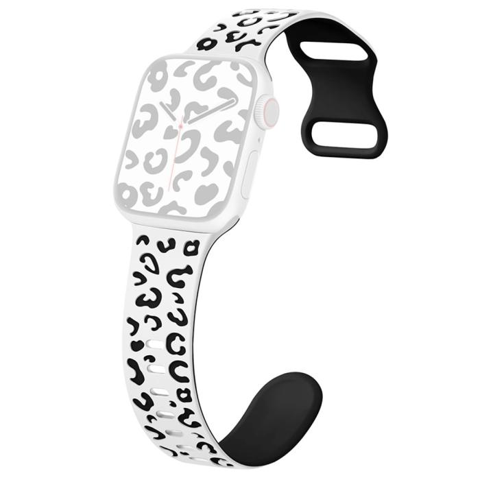 Bild 1, Apple Watch 42/44/45/49 Klockarmband Leopard Vit/Svart