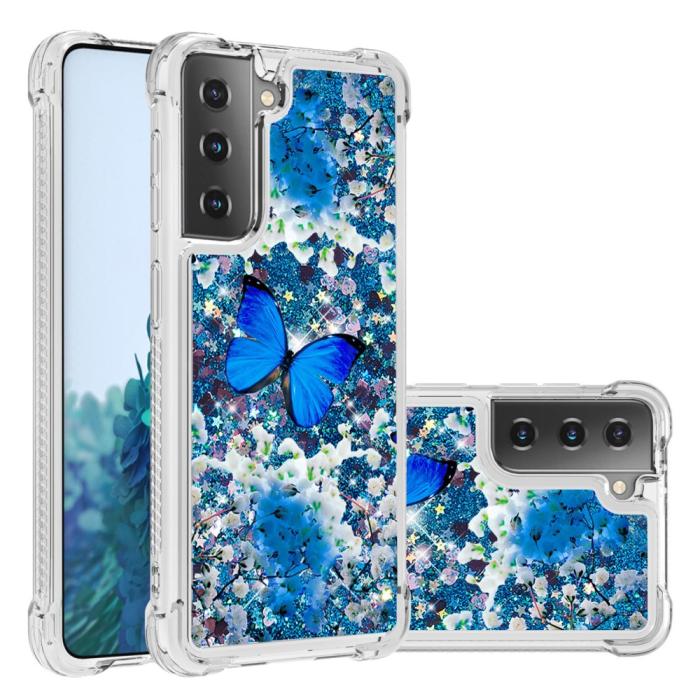 Bild 1, Samsung Galaxy S21 - Shockproof Quicksand Skal - Blå Fjäril