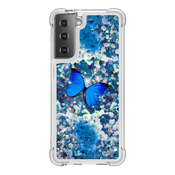 Bild 2, Samsung Galaxy S21 - Shockproof Quicksand Skal - Blå Fjäril