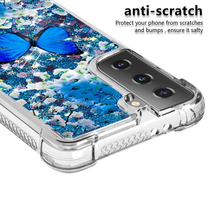 Bild 4, Samsung Galaxy S21 - Shockproof Quicksand Skal - Blå Fjäril