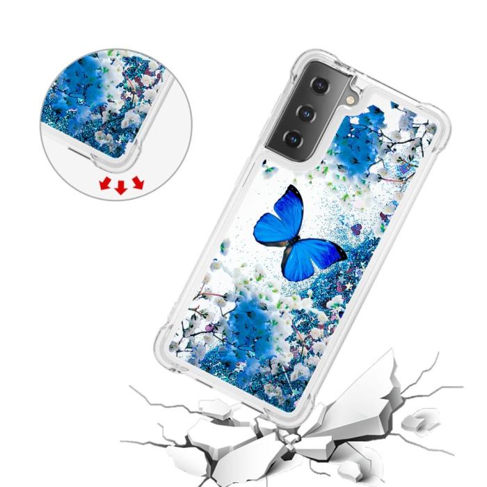Bild 5, Samsung Galaxy S21 - Shockproof Quicksand Skal - Blå Fjäril
