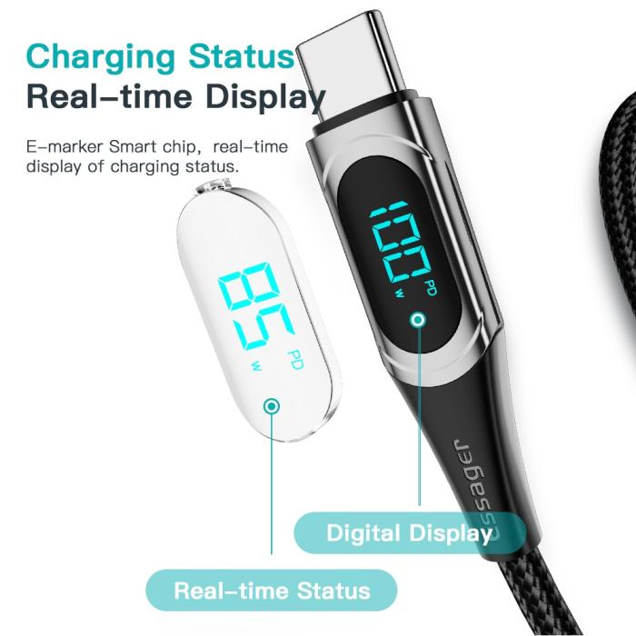 Bild 5, ESSAGER 2m 100W USB-C - USB-C LED Snabbladdning Bl
