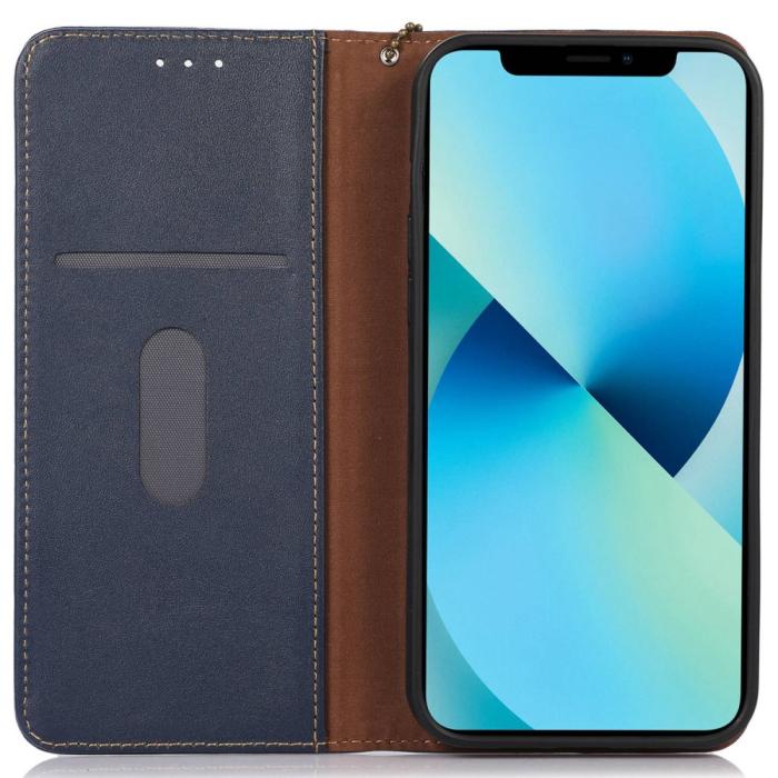 Bild 2, KHAZNEH iPhone 15 Fodral RFID Flip Äkta Läder Blå