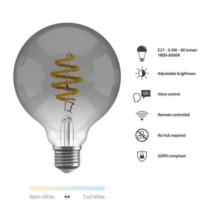Bild 9, Hombli Smart Lampa Glödtråd E27 G95-Rök CCT