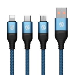 NILLKIN 4.4A 3in1 Lightning/USB-C/MicroUSB Laddningskabel Nylon Blå