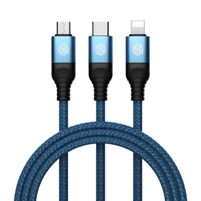 Bild 2, NILLKIN 4.4A 3in1 Lightning/USB-C/MicroUSB Laddningskabel Nylon Blå