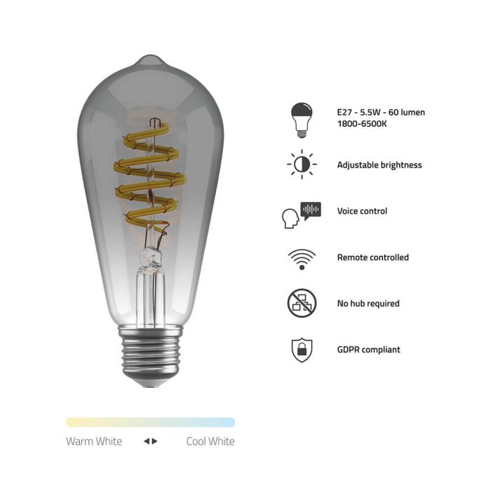 Bild 10, Hombli Smart Lampa Glödtråd E27 ST64-Rök CCT