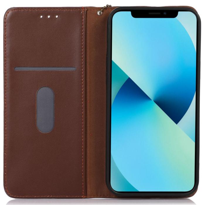 Bild 2, KHAZNEH iPhone 15 Fodral RFID Flip Äkta Läder Brun