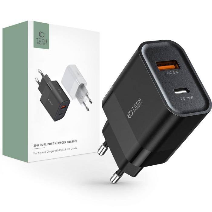 Bild 1, Tech-Protect 30W PD/QC USB-C / USB-A Väggladdare Svart