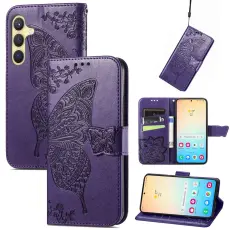 Samsung Galaxy S25 Plus Fodral Med Fj&auml;ril Tryck M&ouml;rk Lila