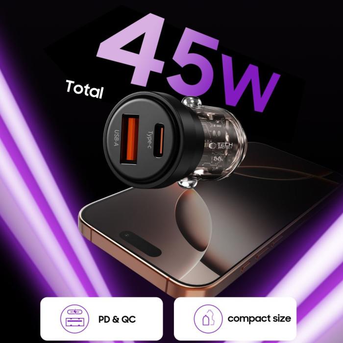 Bild 4, Tech-Protect 45W PD QC Billaddare USB-C / USB-A Svart